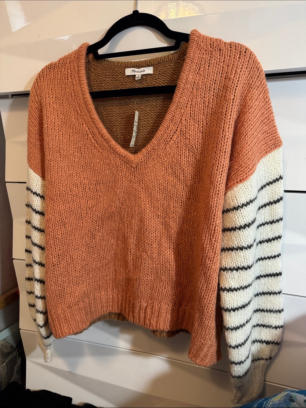 Madewell burnt orange V-Neck Sweater with Cream Striped Sleeves